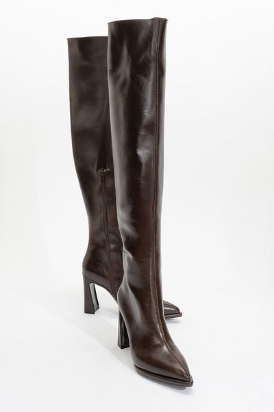 LuviShoes Γυναικείες μπότες πάνω από το γόνατο LEPA καφέ δέρμα με χοντρό τακούνι