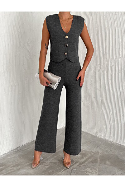 YUSUF CAN KARATAŞ KARATAŞ GİYİM Smoke Color Women's Knitwear Vest and Trousers Set - Standard Size S m L XL