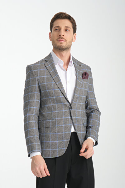 Frappoli Vestore Erkek Siyah Ekose Slim Fit Mono Yaka Spor Blazer Ceket