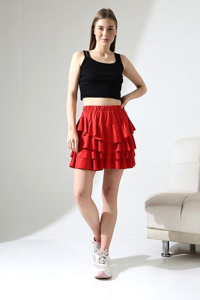 DİVİSTA Women's Mykonos Ruffled Red Skirt