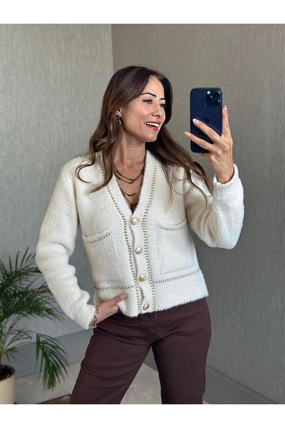 Forlady4 Women's Knitwear Cardigan with Ecru Soft Gold Stripe Detail Pockets