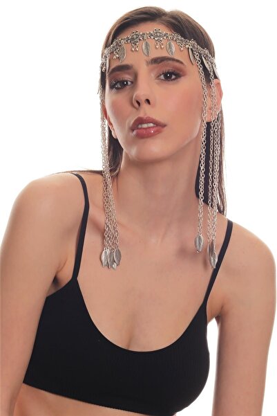 LABALABA Kadın Antik Gümüş Kaplama Zincirli Yaprak Charm Detaylı Tasarım Saç Zinciri