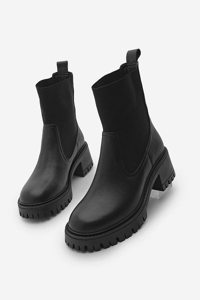 Marjin Genuine Leather Black Thick Heeled Boots - Elastic and Serrated Sole, Casual Roden