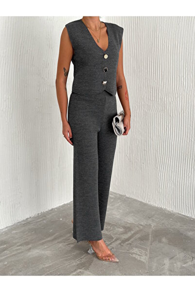 YUSUF CAN KARATAŞ KARATAŞ GİYİM Smoke Color Women's Knitwear Vest and Trousers Set - Standard Size S m L XL