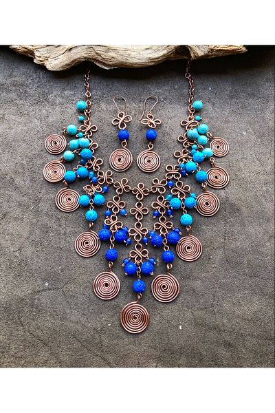MODA Lava Stone Handmade Copper Wire Wrap Necklace Earring Set