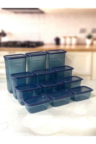 VİP AHMET Blue 12 Li Vip Ahmet Beach Rectangular Storage Container Set 3X3250-3X2000-3X1300-3X750 ml
