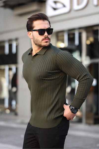 Miron Πλεκτό πουλόβερ Polo Neck Khaki - Σχέδιο με ραβδώσεις - 2442