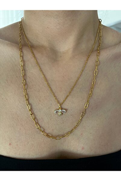 Hoop jewelery çelik taşlı arı uçlu kolye seti