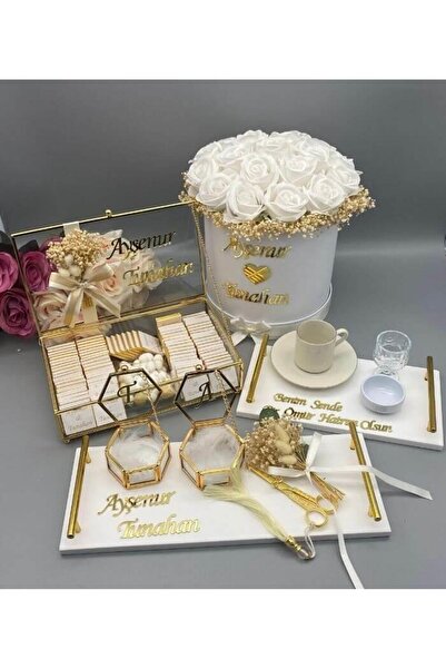 gifthomeshop İsteme Çiçek, Çikolata Ve Damat/nişan Tepsi Seti 4'lü - Beyaz Gü...