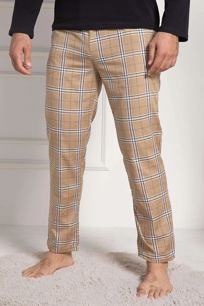 Mecit Pijama Men's Black Plaid Print Pajamas Set - Seasonal, Cotton, Long Sleeve, Crew Neck