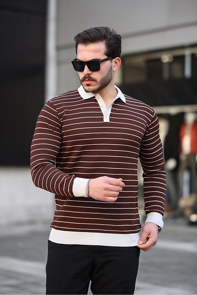 Miron Brown Button Detailed Striped Polo Collar Knitwear Sweater -2446