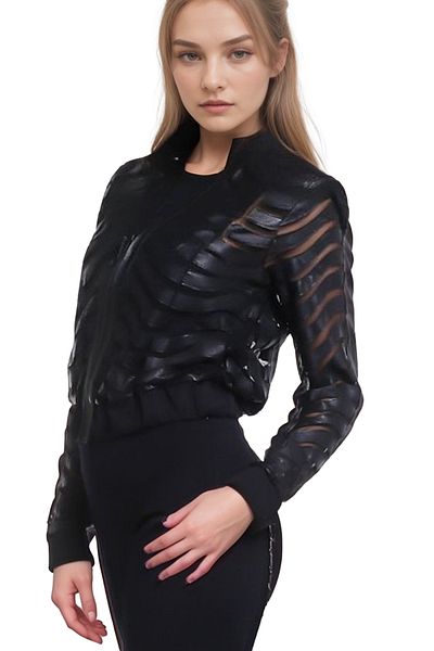 Zamback Uhin Jacket - Geometric Print Real Leather Decorated Knitwear Detailed Women's Jacket