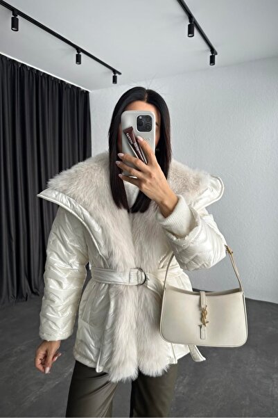 Lovely butik Women's Off-White Color Design Fur Fiber Filled Trendy Coat
