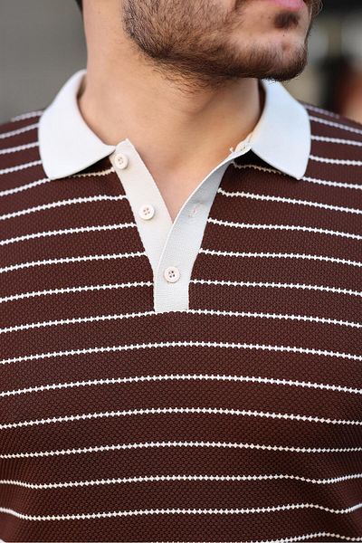 Miron Brown Button Detailed Striped Polo Collar Knitwear Sweater -2446