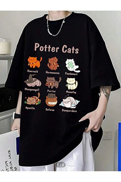 DEEFWEAR Potter Cats Unisex Oversıze Baskılı Tişört