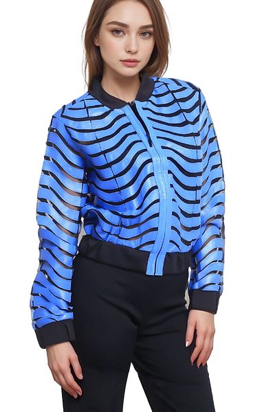 Zamback Uhin Jacket - Geometric Print Real Leather Decorated Knitwear Detailed Women's Jacket