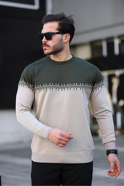 Miron Khaki Beige Two Color Patterned Crew Neck Knitwear Sweater - 2447