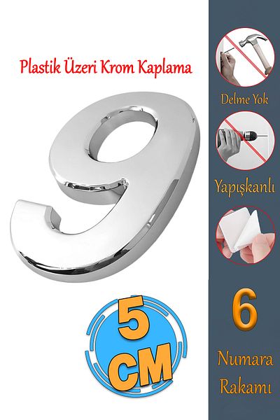 Badem10 Ușă de 50 mm de culoare cromată cu număr - 9 cifre numărul nouă 1 bucată