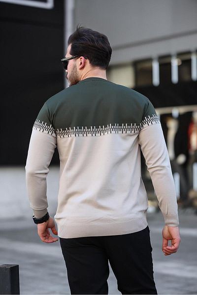 Miron Khaki Beige Two Color Patterned Crew Neck Knitwear Sweater - 2447