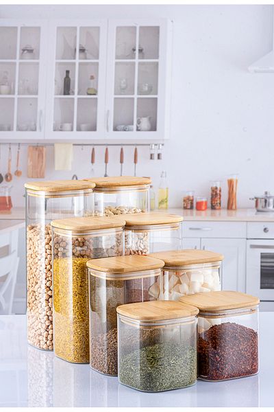 Lizzy 8 Pieces Luxury Square Jar Set with Bamboo Lid