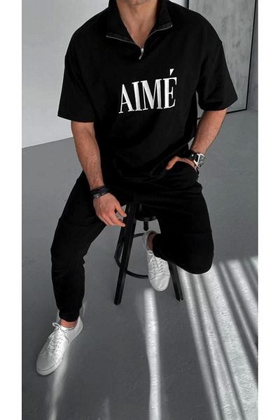 YALÇIN Black Unisex Printed Half Zipper T-Shirt