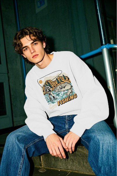 Vatkalimon Fishing Printed White Unisex Thick Fleece Inside Oversize Sweatshirt
