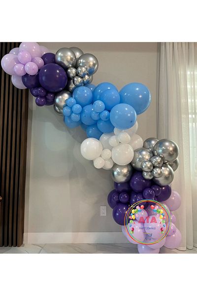 Ata Parti Dünyası Birthday Concept - 60 Pieces Light Blue, Lilac, Purple, Chrome Silver and White Balloon Chain Party Set