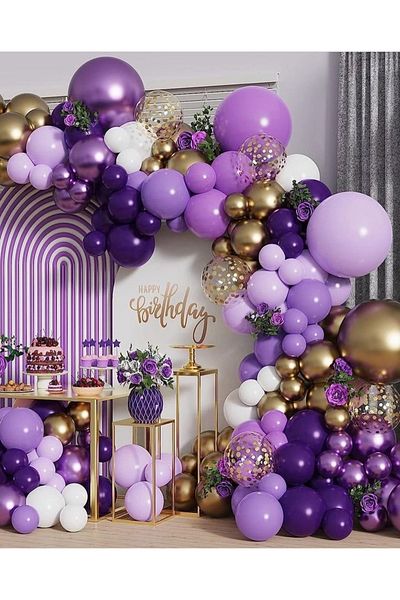 Ezgi Party Store Purple Lilac Gold White Metallic Balloon Chain Set 100 Piece Birthday Concept Party Set