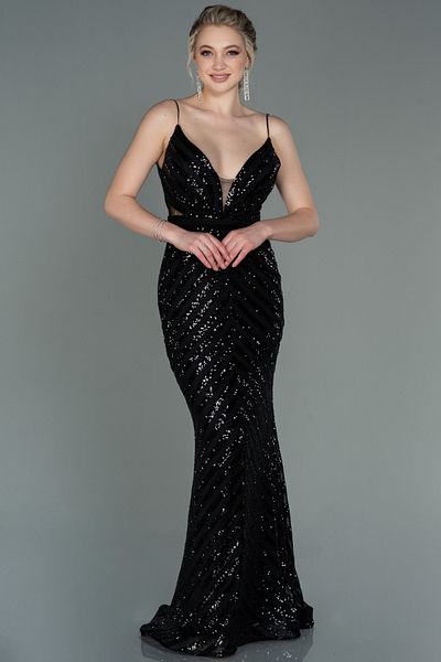 Abiyefon Black Long Sequined Rope Strap Fishnet Evening Dress Abu892
