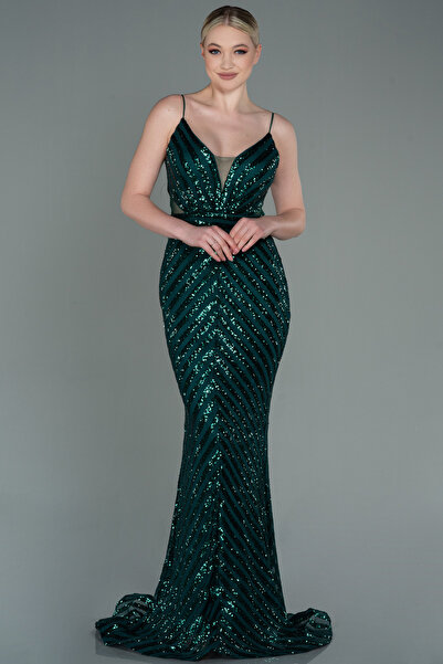 Abiyefon Zümrüt Yeşili Uzun Payetli Ip Askılı Balık Abiye Elbise Abu892