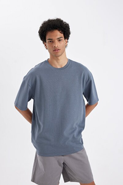 DeFacto Übergroßes, geräumiges, kurzärmliges Basic-T-Shirt aus schlichtem, schwerem Stoff mit Rundhalsausschnitt 3159396