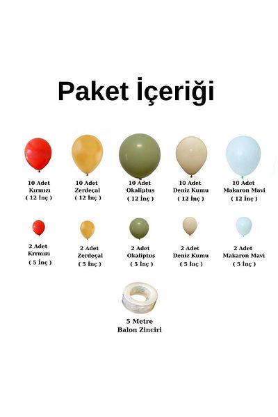 Ata Parti Dünyası Birthday Concept - 60 Balloon Chain Party Set, *MacaronBlue*Red*Sea Sand*Turmeric*Eucalyptus