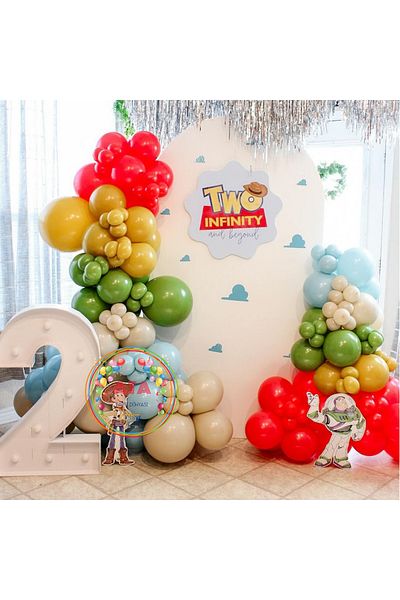 Ata Parti Dünyası Birthday Concept - 60 Balloon Chain Party Set, *MacaronBlue*Red*Sea Sand*Turmeric*Eucalyptus