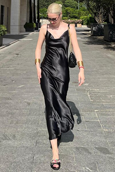 Madmext Mad Girls Siyah Uzun Saten Elbise Mg1408