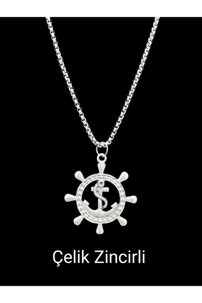 whocares Unisex Kararmaz Çelik Zincirli Gemi Dümeni Sembollü Kaliteli Gümüş Renk