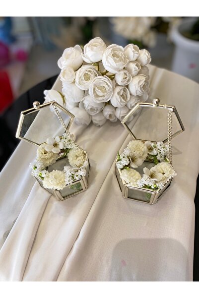 Z&B FLOWERS Nişan Yüzük Kutusu Altıgen Kutu Cam Gümüş Yüzüklük Nişan Tepsisi Söz Tepsisi