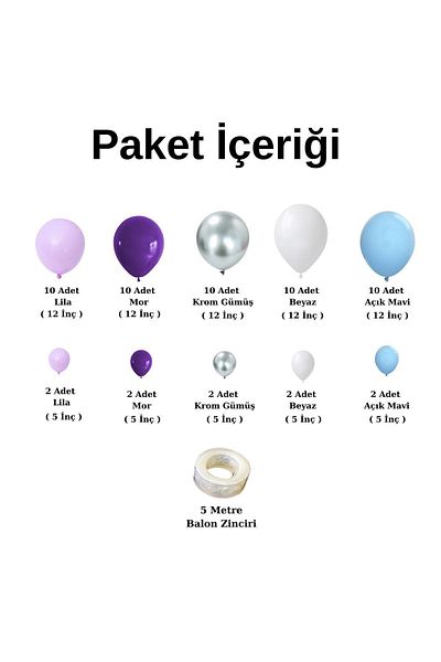 Ata Parti Dünyası Birthday Concept - 60 Pieces Light Blue, Lilac, Purple, Chrome Silver and White Balloon Chain Party Set