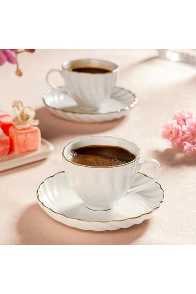 Nehir Jasmine White Porcelain Coffee Set-White-Porcelain 12 Pieces