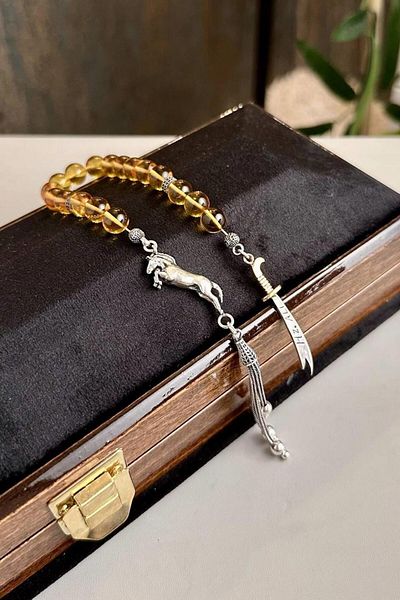 dergah tesbih Full Silver Design Clamping Amber Zaza Rosary with Sulfikar Sword and Horse Figures