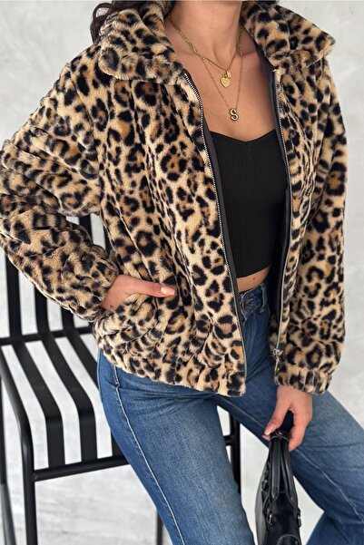 FEMELLE Kadın Leopar Desen Fermuarlı İçi Astarlı Kürk