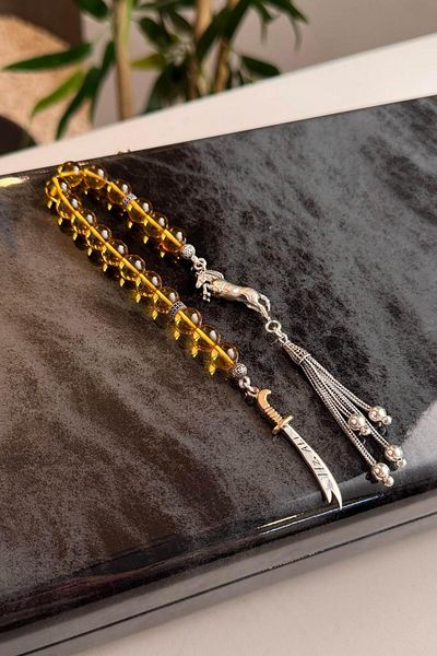 dergah tesbih Full Silver Design Clamping Amber Zaza Rosary with Sulfikar Sword and Horse Figures