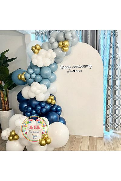 Ata Parti Dünyası Birthday Concept - Night Blue, Storm Blue, Smoke, Chrome Gold, White, Set of 100 Balloon Chains