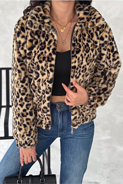 FEMELLE Kadın Leopar Desen Fermuarlı İçi Astarlı Kürk