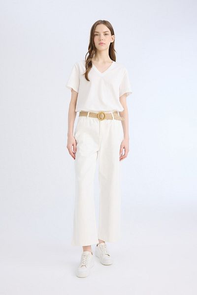 DeFacto Gabardine-Hose mit hoher Taille und geradem Gürtel – Paperbag-Tasche, Doppelbein D3781ax24au