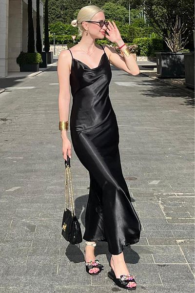 Madmext Mad Girls Μαύρο Μακρύ Σατέν Φόρεμα Mg1408