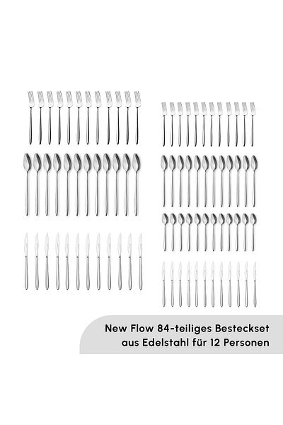 Karaca Flow Elegance 84-teiliges Besteckset für 12 Personen mit Box, Essensgabeln, Esslöffeln