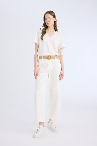 DeFacto Gabardine-Hose mit hoher Taille und geradem Gürtel – Paperbag-Tasche, Doppelbein D3781ax24au