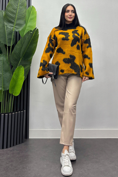 Swana Kadın Batik Desenli Bogazlı Triko Kazak- Turuncu