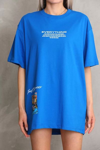Zühre Μπλουζάκι Unisex Oversize Μπλε - Crew Neck, Printed