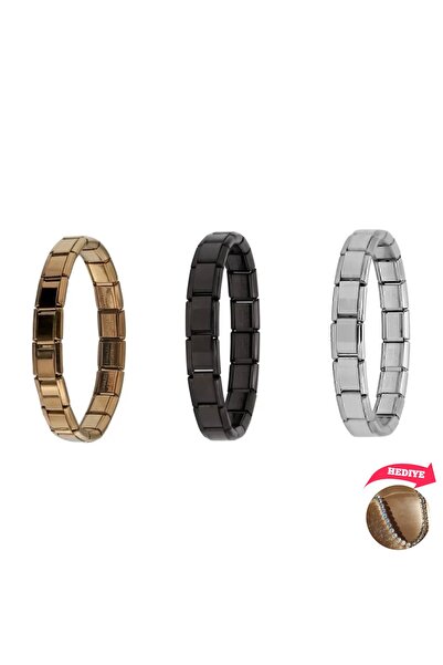 Meyras Touch 3'lü Set Gold Gümüş Siyah Italyan Charm Çelik Bileklik (HEDİYE SU YOLU BİLEKLİK)